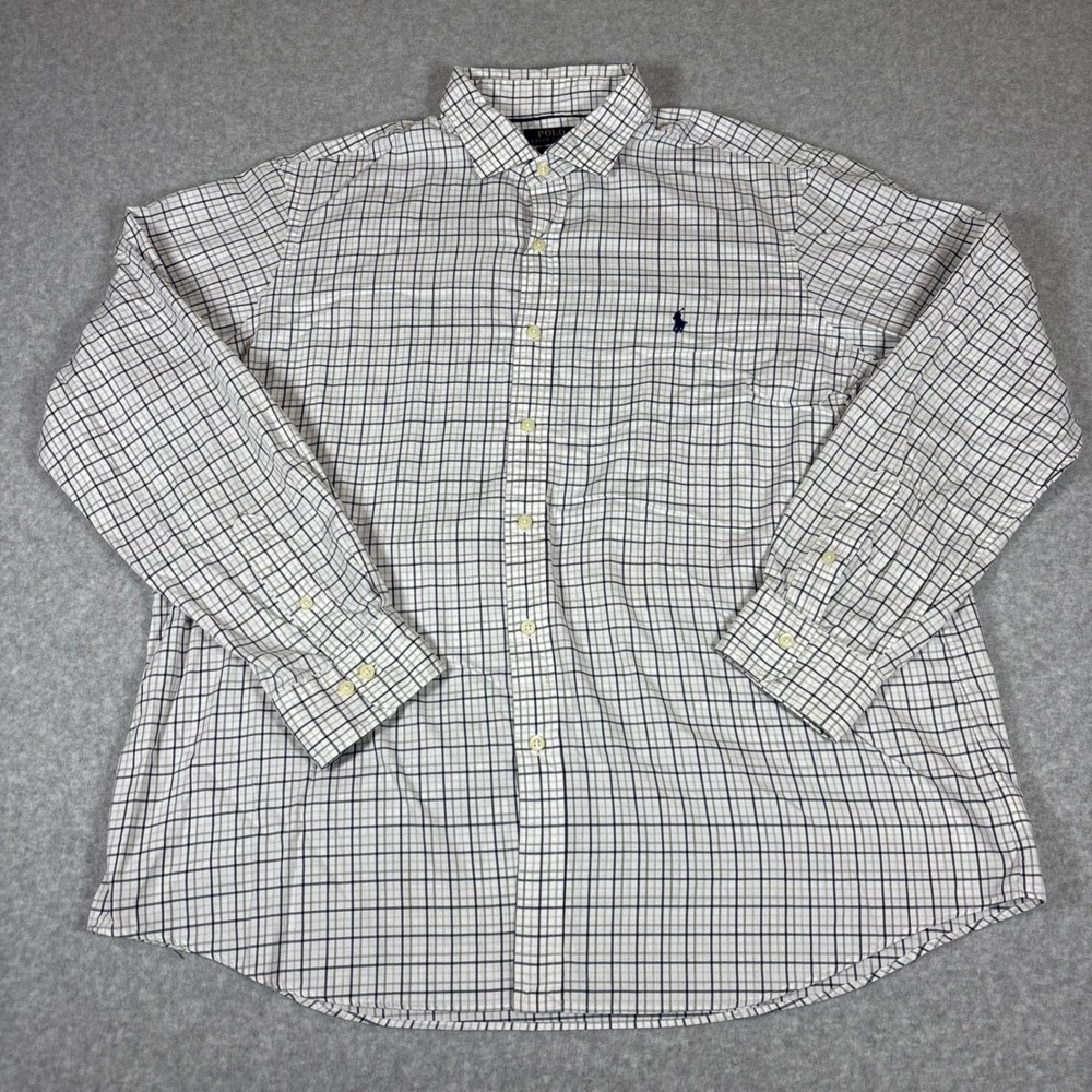 Polo Ralph Lauren Performance Shirt Mens XXL White Blue Grid Check Long Sleeve